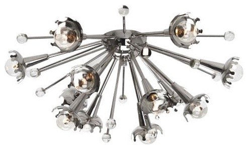 Polished nickel Sputnik flush mount ceiling light by Jonathan Adler with multiple arms radiating from central sphere.