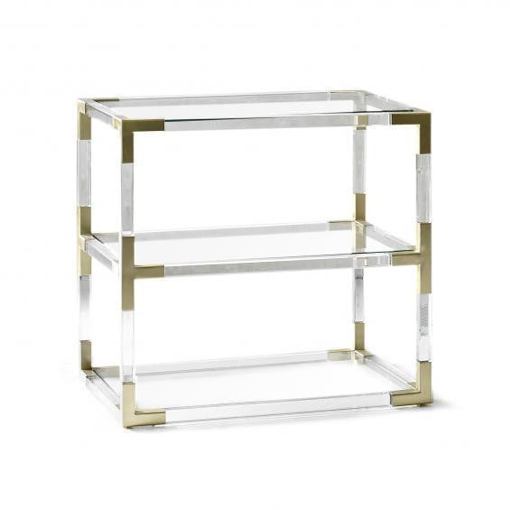 Jonathan Adler Jacques Two Tier Side Table with nickel finish, showcasing a modern, sleek design with two-tiered surface and elegant style.