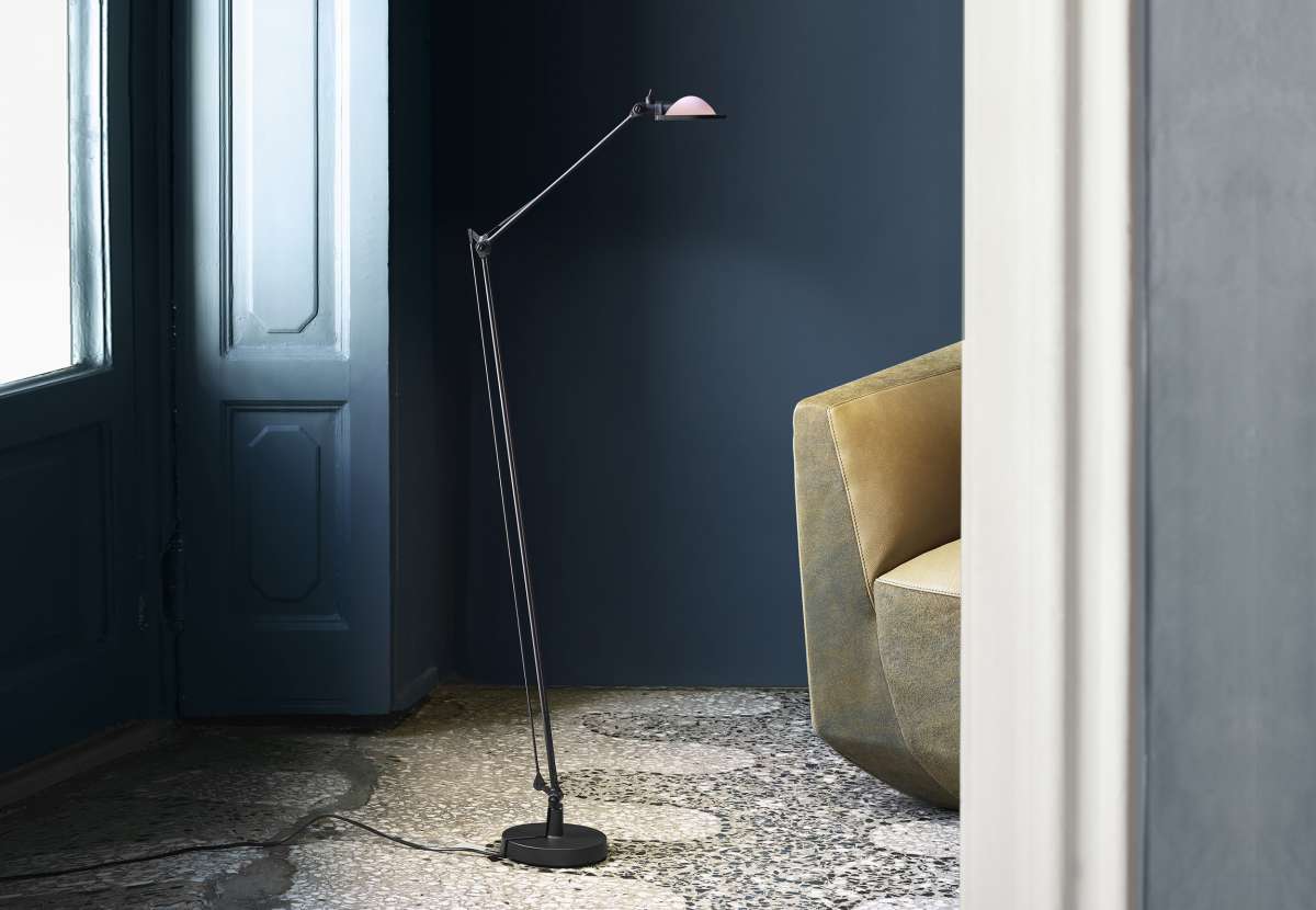Luceplan Berenice floor lamp with sleek aluminum design, modern lighting fixture standing on a flat surface.