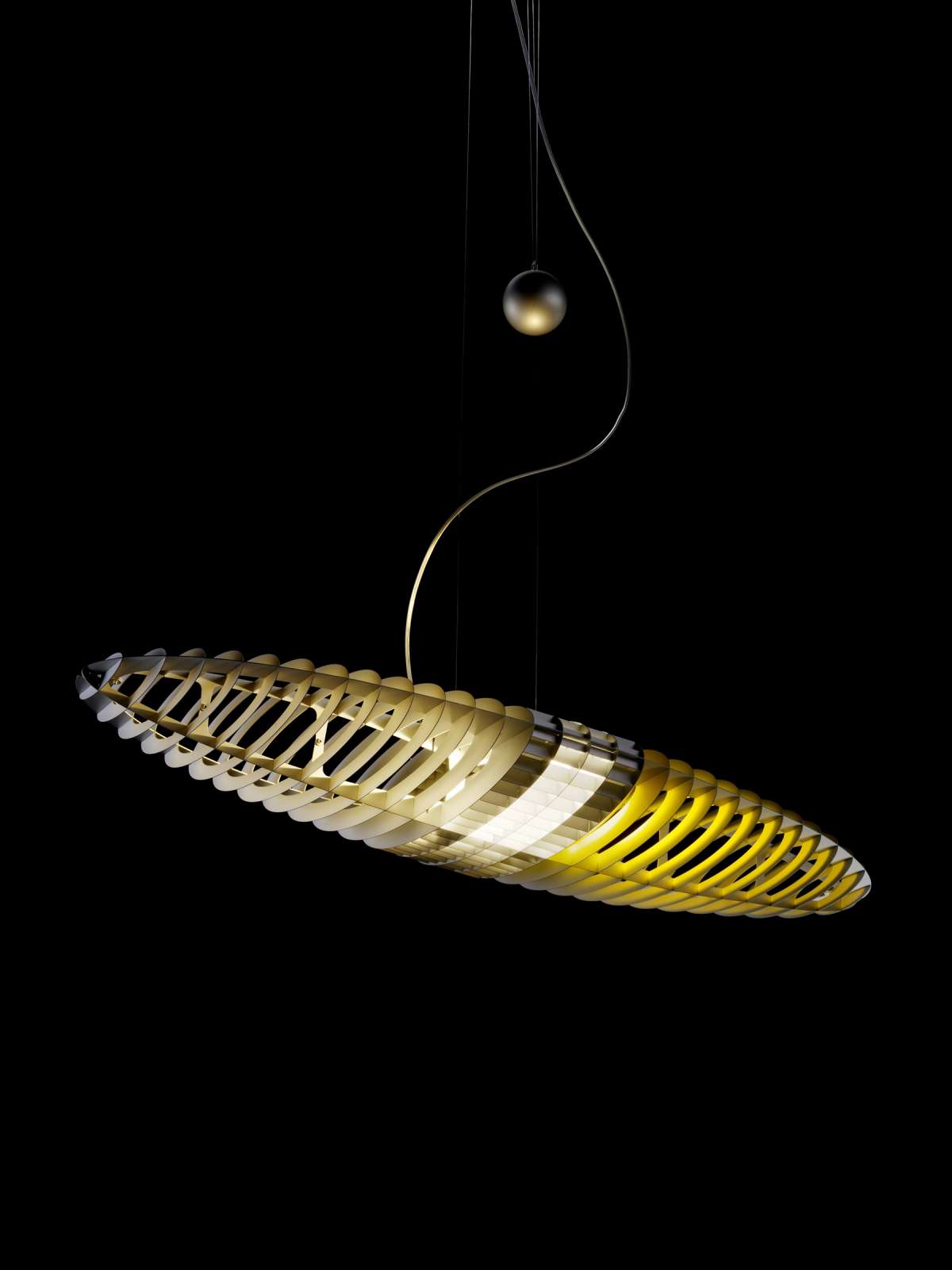 Titania Suspension Lamp by Luceplan, modern lighting fixture with sleek design, hanging from the ceiling with illuminated interior.