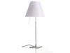 Luceplan Costanza Table Lamp with white aluminum finish, fixed W-base, on/off switch, modern lighting design.