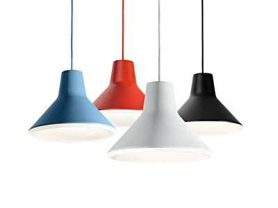 Light blue Archetype Suspension Lamp by Luceplan, a modern hanging lighting fixture with sleek design and adjustable features.
