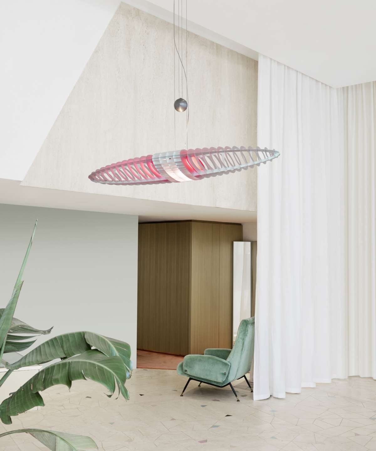 Pink Queen Titania Suspension Lamp by Luceplan, modern lighting fixture with a sleek design, hangs from the ceiling.