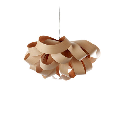 Agatha Small Suspension Lamp by LZF Lighting with ivory white, organic-shaped wooden veneer shade, modern lighting fixture.