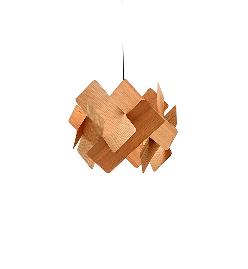 LZF Escape Suspension lighting fixture with natural cherry wood and matte black details, modern design by LZF Lighting.