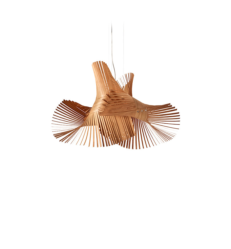 LZF Lighting Minimikado Suspension lighting fixture with natural cherry wood finish, showcasing modern design and warm illumination.