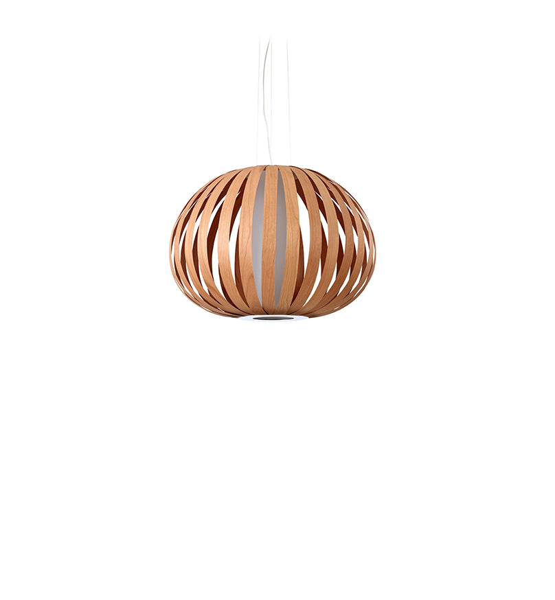 Natural cherry wood Poppy Suspension lighting by LZF Lighting, showcasing its sculptural, organic design and warm wood finish.