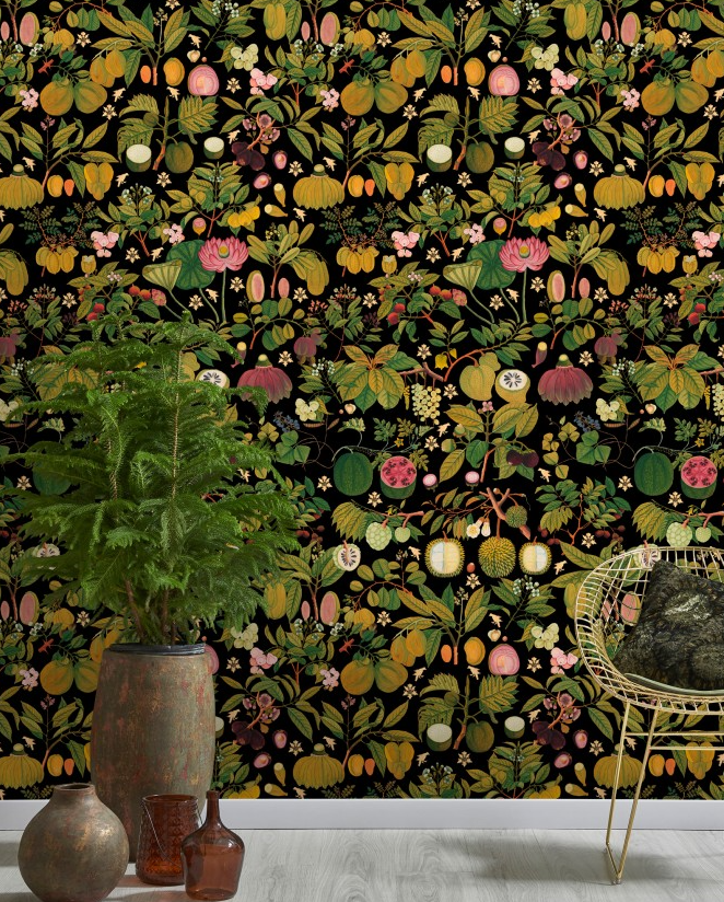 ASIAN FRUITS AND FLOWERS Anthracite Wallpaper by Mindthegap