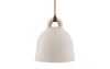 Small sand-colored Bell Lamp by Normann Copenhagen, modern lighting fixture with a sleek, rounded design.
