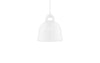 Small sand-colored Bell Lamp by Normann Copenhagen, a stylish lighting fixture with a rounded, bell-shaped design.