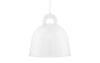 Small sand-colored Bell Lamp by Normann Copenhagen, a stylish modern lighting fixture with a smooth, rounded shape.