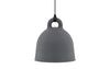 Small sand-colored Bell Lamp by Normann Copenhagen, modern lighting fixture with a smooth, rounded design.