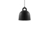 Small sand-colored Bell Lamp by Normann Copenhagen, modern lighting fixture with smooth, rounded design.