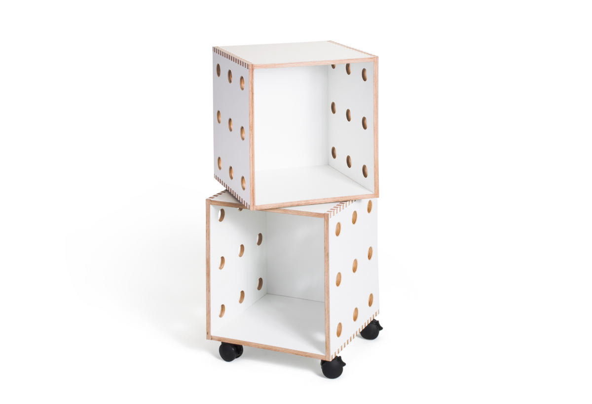 Two birch storage Perf Boxes by Offi, modern minimalist design for organizing small items or office supplies.