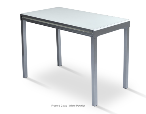 White frosted glass modern desk and dining table by Soho Concept with sleek storage design, ideal for contemporary home or office spaces.