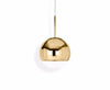 Gold mirror ball pendant light by Tom Dixon, 25cm diameter, modern lighting fixture with reflective surface.
