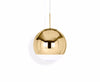 Gold mirror ball pendant light by Tom Dixon, 25cm diameter, stylish modern lighting fixture with reflective surface.