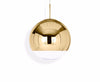 Gold mirror ball pendant light by Tom Dixon, 25cm diameter, modern lighting fixture with reflective surface.