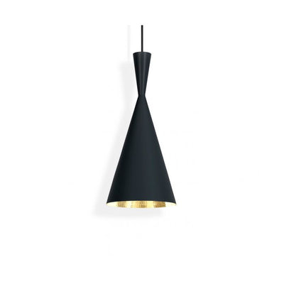 Black Beat Tall Pendant by Tom Dixon lighting fixture hanging from ceiling with sleek modern design.
