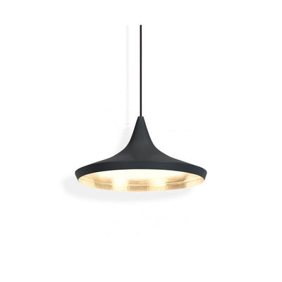 Black Beat Wide Pendant light by Tom Dixon, featuring a sleek, modern design with a wide, curved shade for contemporary interior lighting.